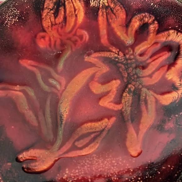 Enamel Copper Burgundy Gold flecks Flower Leaf Design Hand Crafted Bowl Signed - Picture 4 of 9